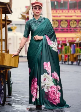 Satin Silk Digital Print Work Trendy Saree in Teal