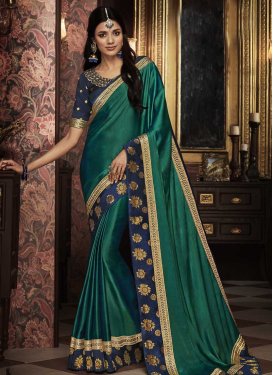 Satin Silk Green and Navy Blue Embroidered Work Designer Contemporary Style Saree
