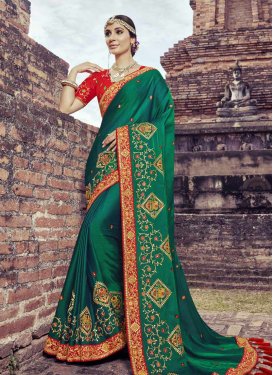 Satin Silk Green and Red Embroidered Work Designer Contemporary Style Saree