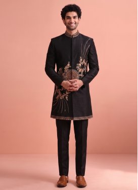 Satin Silk Indo Western with Resham Work for Men in Black