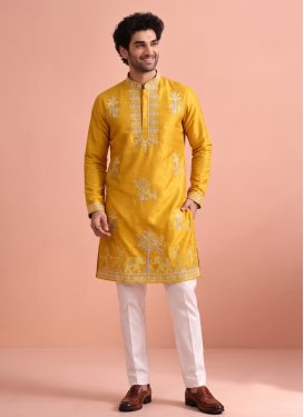 Satin Silk Kurta Pajama in Mustard and White with Embroidered Work for Men