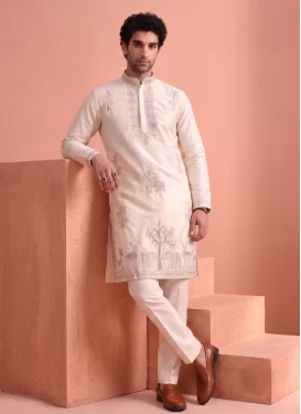 Satin Silk Kurta Pajama in Off White with Embroidered Work for Festival