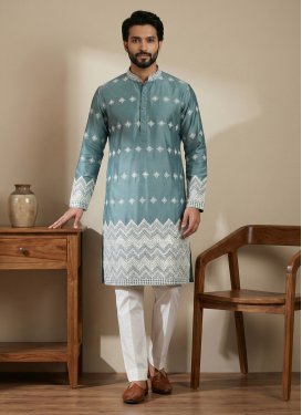 Satin Silk Kurta Pajama with Embroidered Work for Men in Aqua Blue