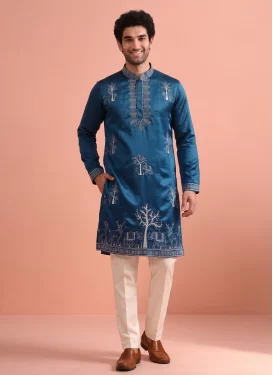 Satin Silk Kurta Pajama with Embroidered Work in Teal and White