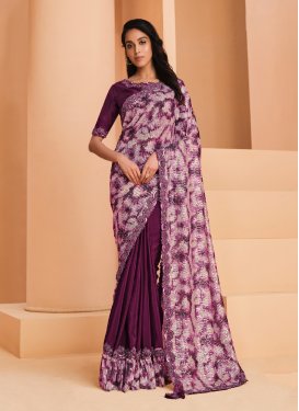 Satin Silk Off White and Purple Half N Half Trendy Saree For Festival