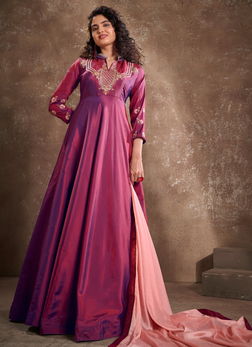 Satin Silk Readymade Long Length Gown For Ceremonial