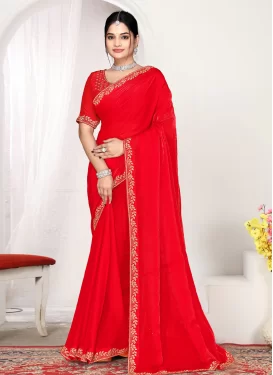 Satin Silk Swarovski Work Traditional Saree in Red