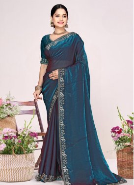 Satin Silk Swarovski Work Traditional Saree in Teal