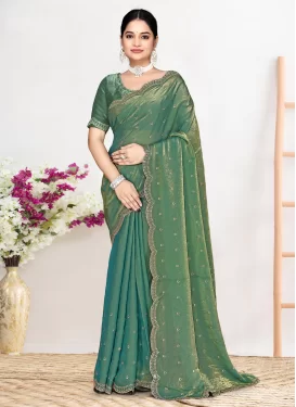 Satin Silk Traditional Saree in Sea Green with Swarovski Work for Ceremonial