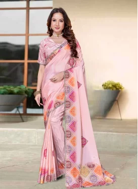 Satin Silk Traditional Saree with Bandhani Print Work in Pink