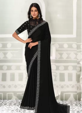 Satin Silk Traditional Saree with Embroidered Work for Festival in Black
