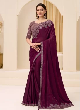 Satin Silk Traditional Saree with Embroidered Work in Wine