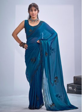 Satin Silk Traditional Saree with Resham Work for Party in Blue
