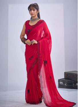 Satin Silk Traditional Saree with Resham Work in Rose Pink for Ceremonial