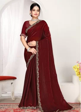 Satin Silk Traditional Saree with Swarovski Work in Maroon