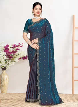 Satin Silk Traditional Saree with Swarovski Work in Teal for Festival
