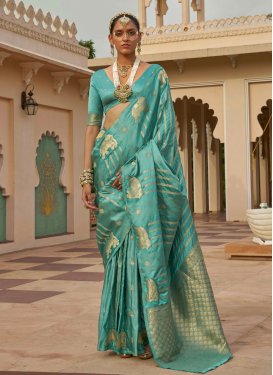 Satin Silk Traditional Saree with Woven Work for Festival in Aqua Blue