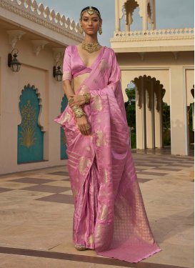 Satin Silk Traditional Saree with Woven Work in Pink