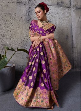 Satin Silk Traditional Saree with Woven Work in Purple