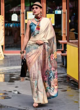 Satin Silk Trendy Saree in Beige with Digital Print Work for Ceremonial