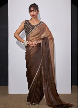 Satin Silk Trendy Saree in Brown and Coffee Brown with Swarovski Work for Women