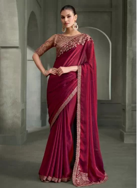 Satin Silk Trendy Saree in Crimson with Embroidered Work for Party