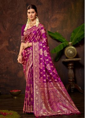 Satin Silk Trendy Saree in Purple with Woven Work for Ceremonial