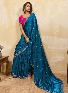 Satin Silk Trendy Saree with Cutdana Work in Teal