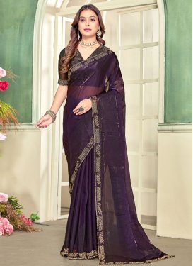 Satin Silk Trendy Saree with Swarovski Work for Ceremonial in Purple