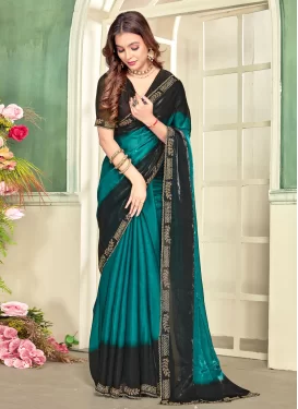 Satin Silk Trendy Saree with Swarovski Work for Women in Aqua Blue