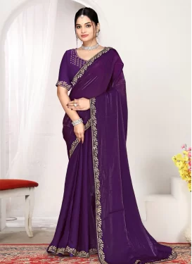 Satin Silk Trendy Saree with Swarovski Work for Women in Purple