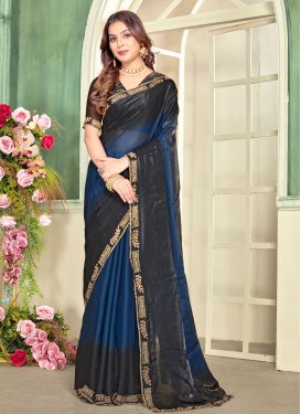 Satin Silk Trendy Saree with Swarovski Work in Navy Blue