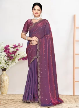 Satin Silk Trendy Saree with Swarovski Work in Violet