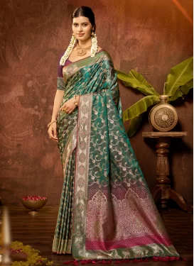 Satin Silk Trendy Saree with Woven Work for Women in Green