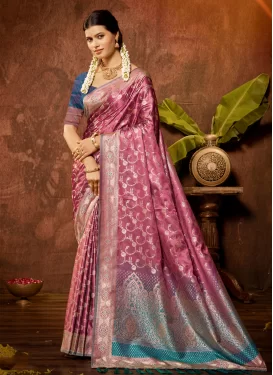 Satin Silk Trendy Saree with Woven Work in Mauve Pink for Ceremonial