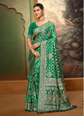 Satin Silk Woven Work Classic Saree in Green