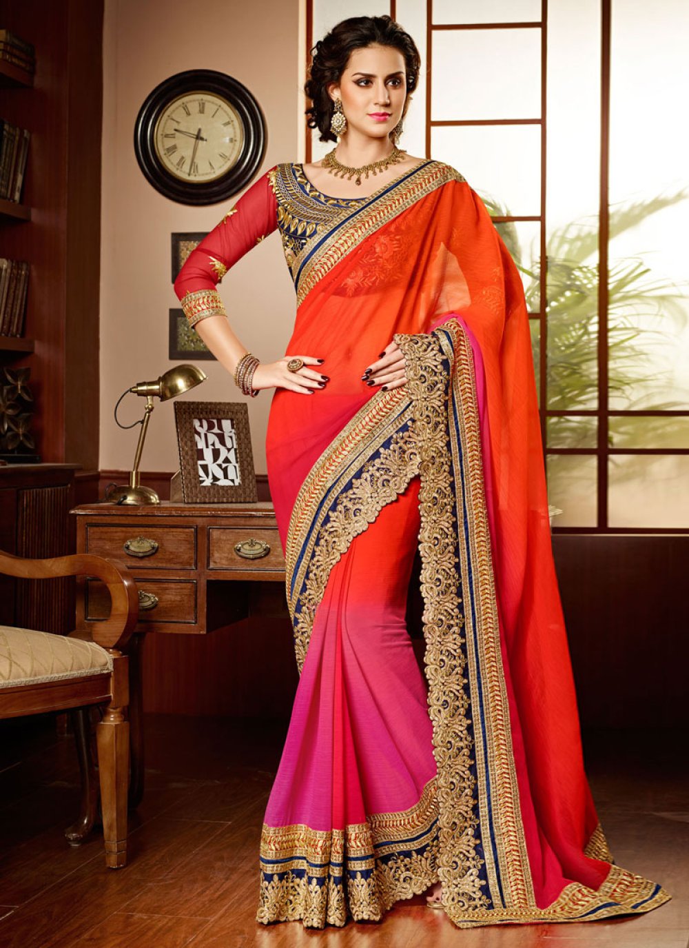 Red and White Velvet and Net Half and Half Saree WJ105434