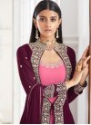 Embroidered Work Faux Georgette Pink and Purple Jacket Style Long Length Suit - 2