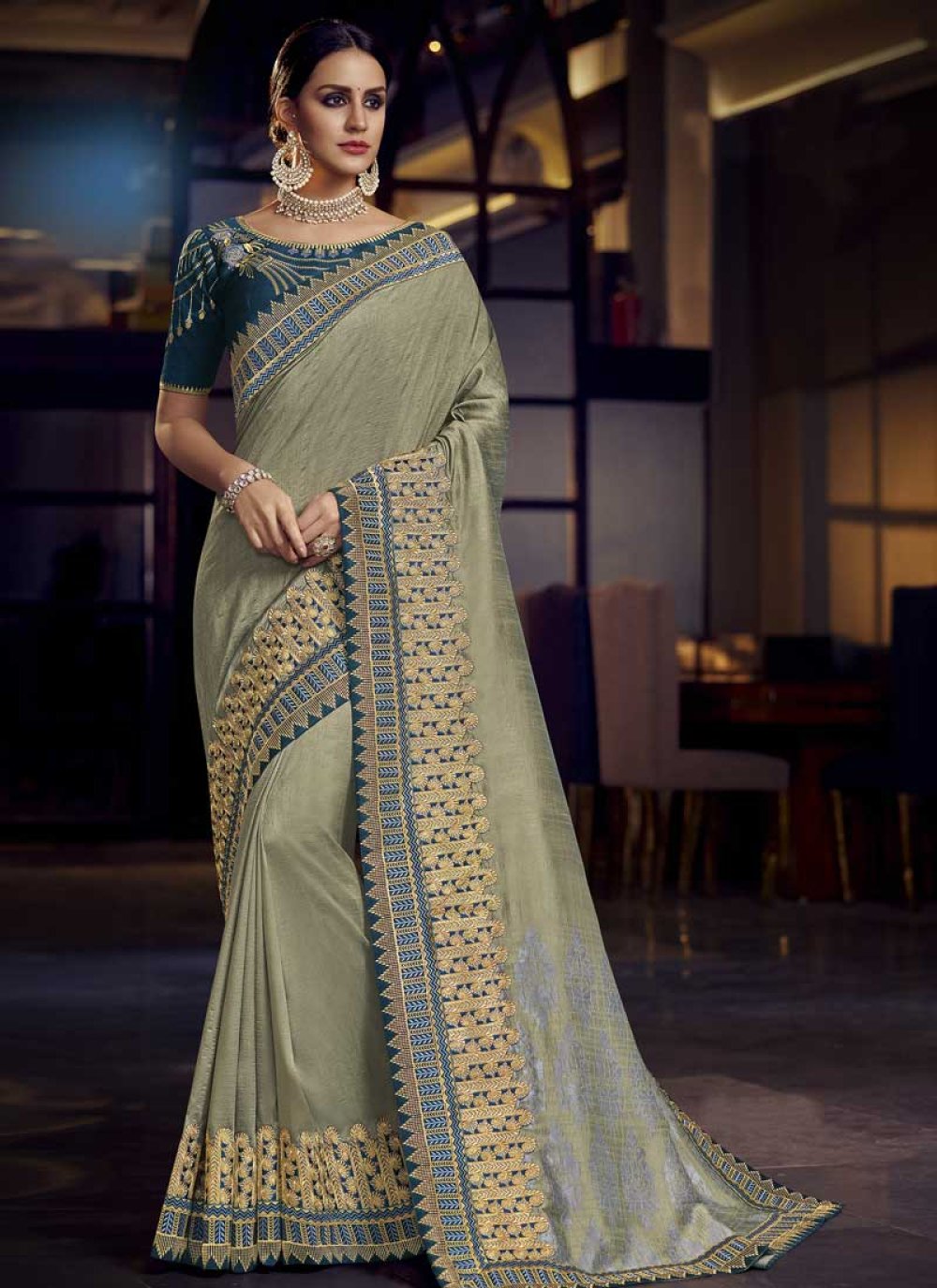 Buy Sea Green and Teal Embroidered Work Classic Saree Online