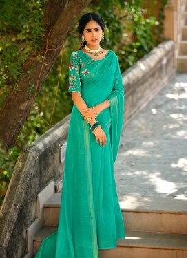 Sea Green and Turquoise Thread Work Designer Contemporary Style Saree