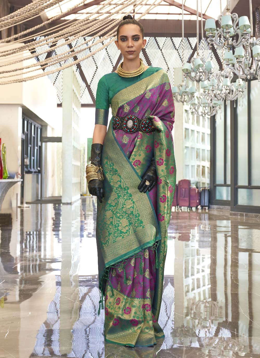 Sea Green and Violet Handloom Silk Trendy Classic Saree