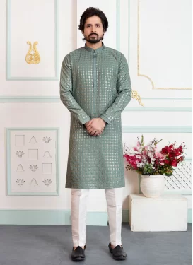 Sea Green Art Silk Kurta Pajama with Embroidered Work for Festival