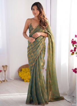 Sea Green Chiffon Satin Foil Print Work Trendy Saree for Women