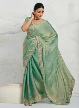 Sea Green Chiffon Satin Traditional Saree with Embroidered Work for Ceremonial