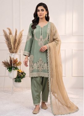 Sea Green Satin Silk Embroidered Work Readymade Salwar Suit for Women