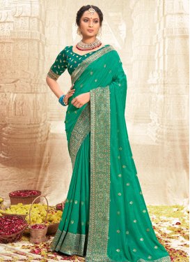 Sea Green Vichitra Silk Classic Saree with Embroidered Work for Casual