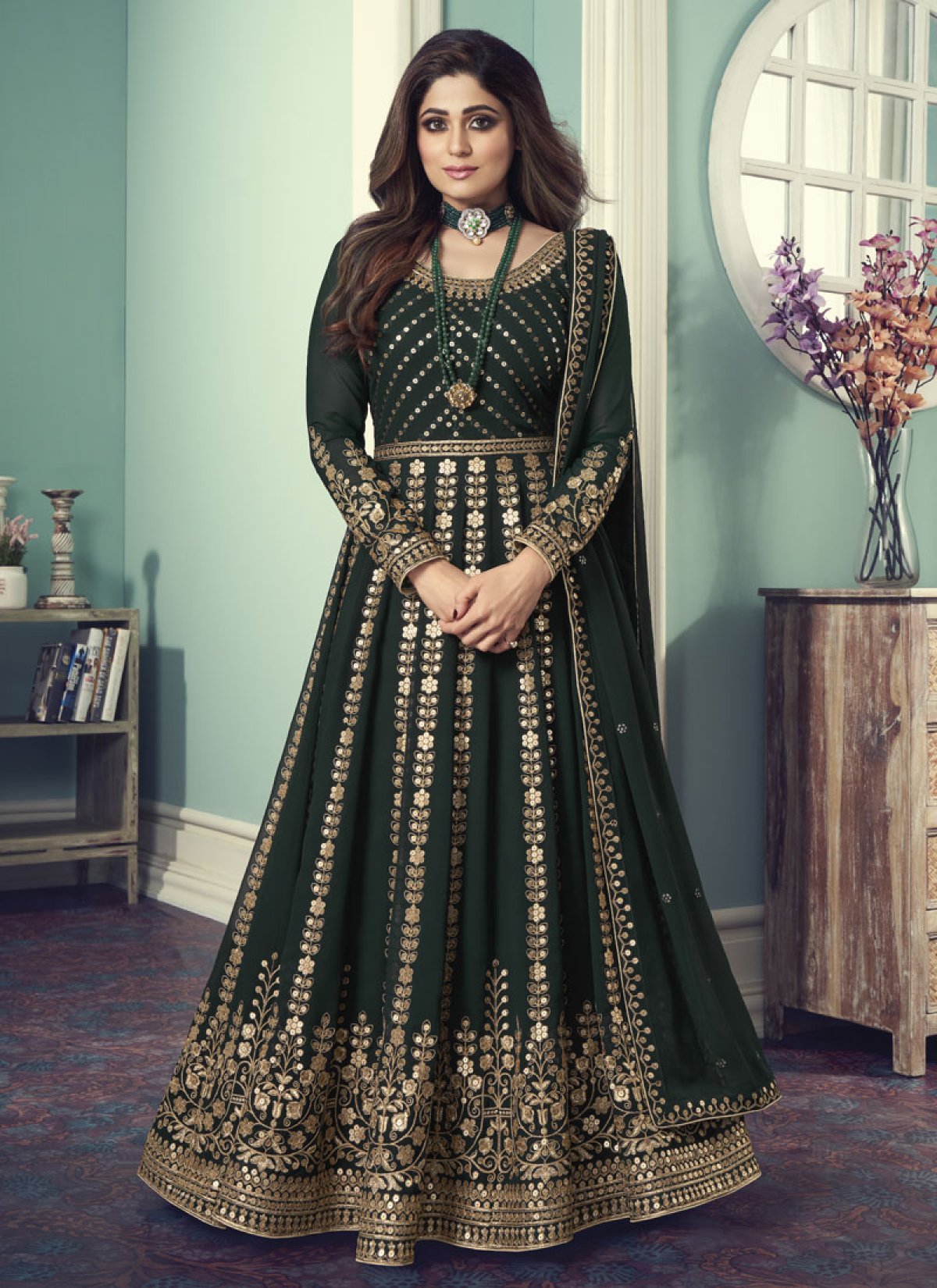 Shamita Shetty Green Designer Georgette Fabric Pant Suit bollywood good Anarkali suit indian wedding dress for women