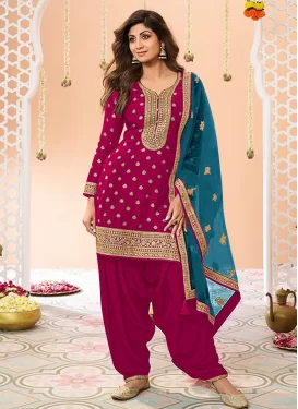 Shilpa Shetty Chinon Embroidered Work Punjabi Salwar Suit in Rose Pink