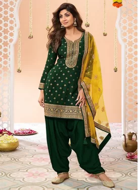 Shilpa Shetty Embroidered Work Chinon Punjabi Salwar Suit in Green for Women