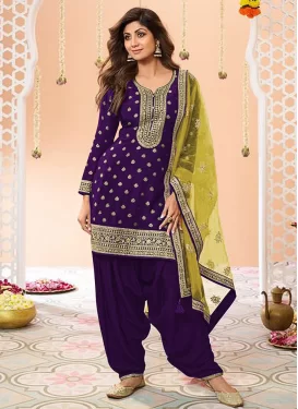 Shilpa Shetty Embroidered Work Chinon Punjabi Salwar Suit in Purple for Women